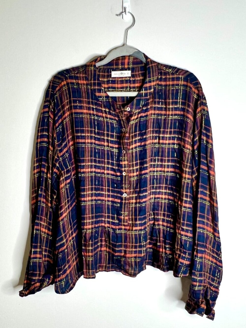 Natural Life Plaid Lurex Peplum Button Front Blouse Navy Orange Fall Sz XL